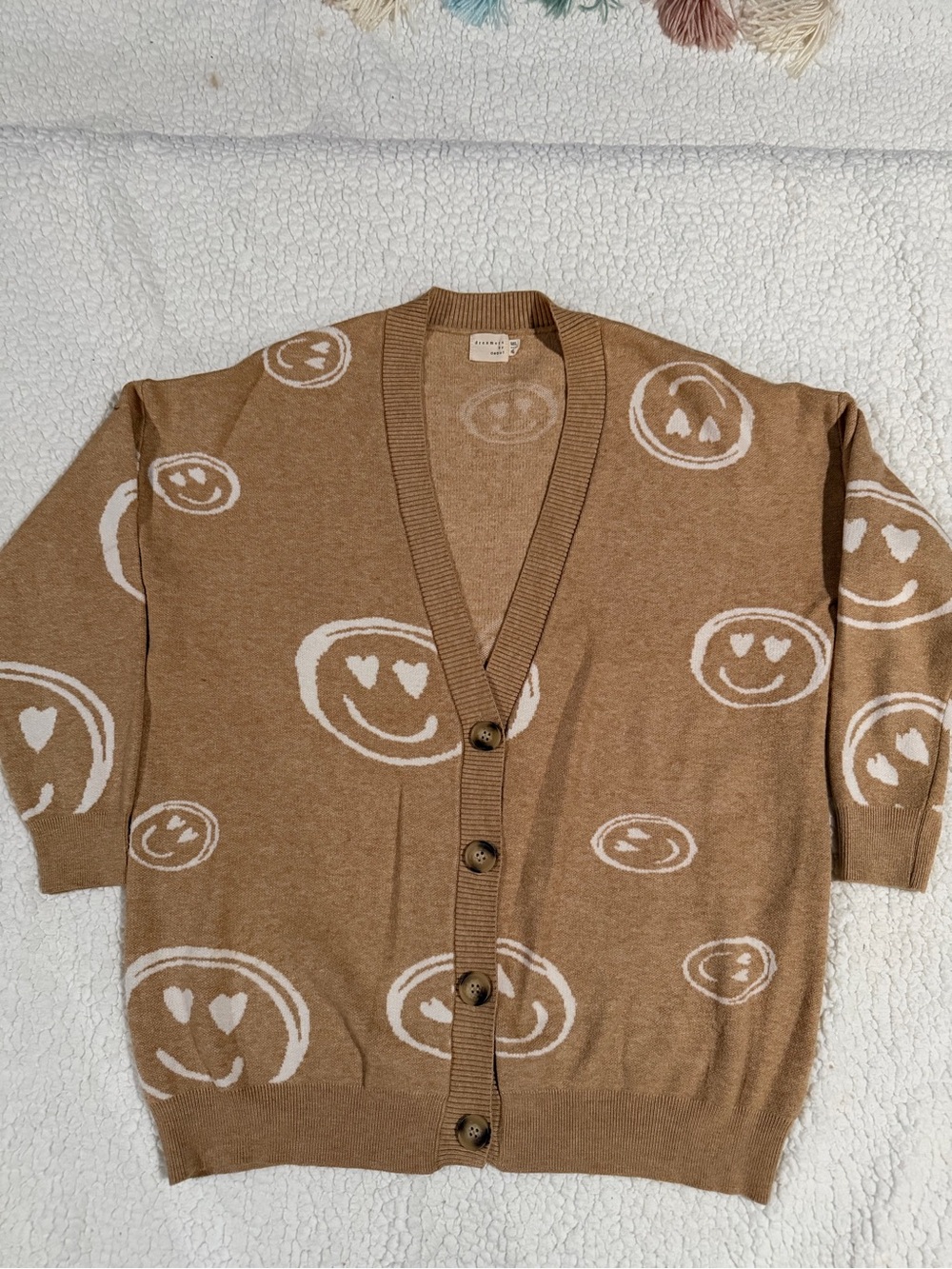 Cozy Tan Smiley-Print Button Cardigan